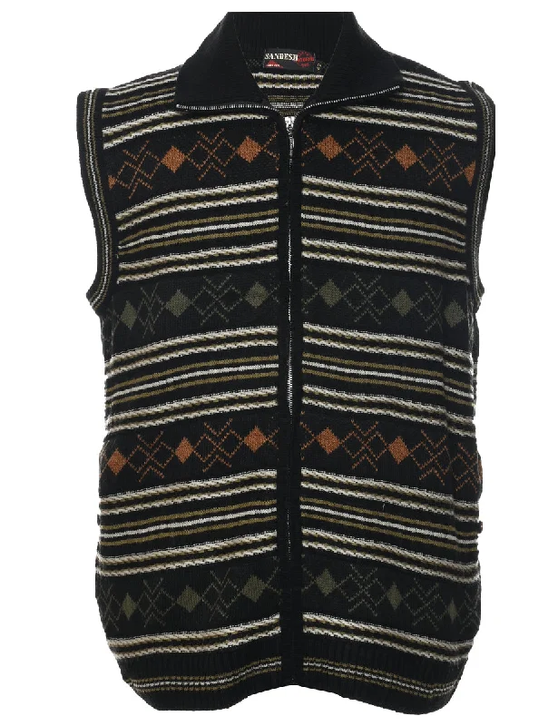Geometric Pattern Sweater Vest - L Toggled Drawstring Belted