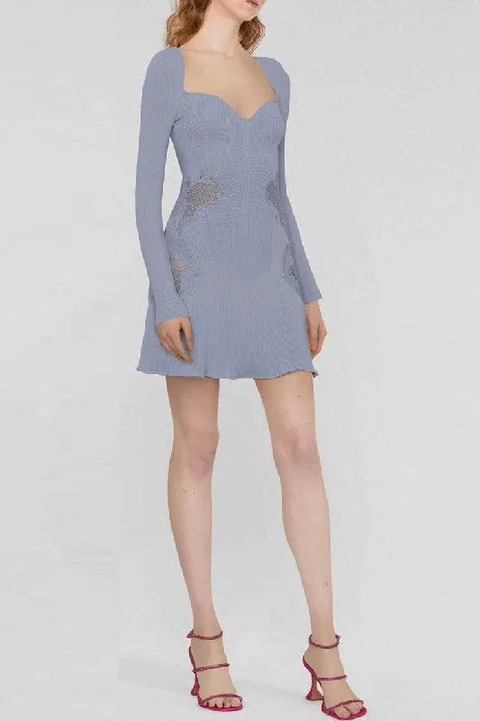 Pretty Sweetheart Long Sleeve Lace Trim Cashmere Sweater Mini Dress - Blue Modern Contemporary Chic Pretty Sweetheart Long Sleeve Lace Trim Cashmere Sweater Mini Dress - Blue Modern Contemporary Chic