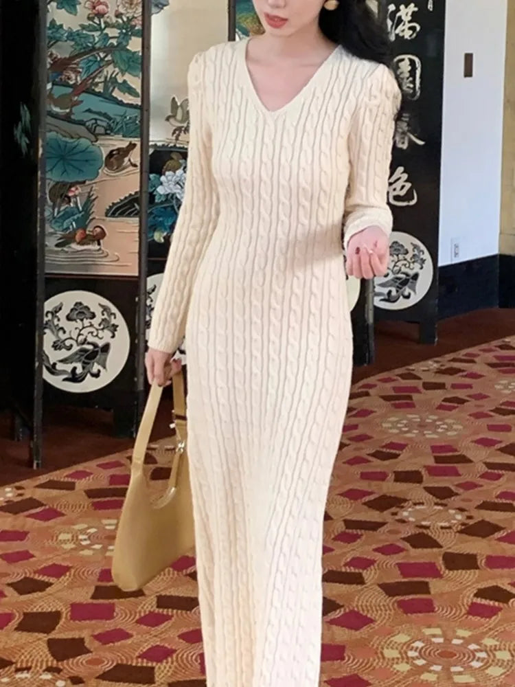Elegant Knitted Dress for Women Autumn V-neck Bodycon Slim Sweater Dresses Winter Solid Casual Korean Fashion Vestidos Mujer New Wool Fabric Cashmere Fabric Tweed Fabric Elegant Knitted Dress for Women Autumn V-neck Bodycon Slim Sweater Dresses Winter Solid Casual Korean Fashion Vestidos Mujer New Wool Fabric Cashmere Fabric Tweed Fabric