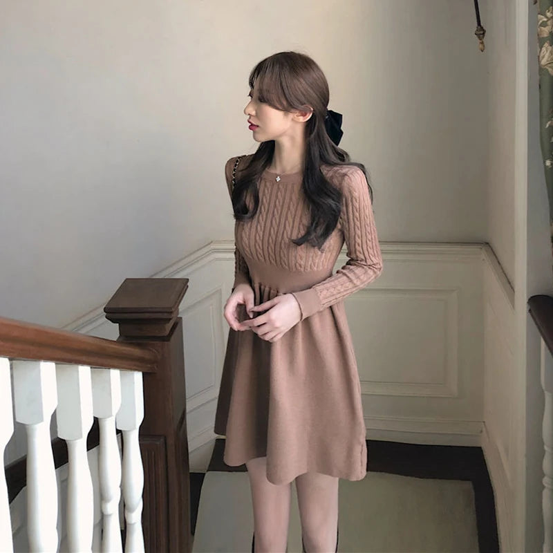 Korean Style Solid Inside Knitting Mini Dress Woman Autumn Winter Warm Long Sleeve Sweater Dresses Elegant Women's Waist Dress Silk Blend Satin Velvet Korean Style Solid Inside Knitting Mini Dress Woman Autumn Winter Warm Long Sleeve Sweater Dresses Elegant Women's Waist Dress Silk Blend Satin Velvet