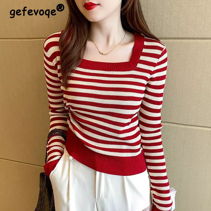 Female 2022 Autumn Stripe Slim Square Sollar T-shirt Korean Casual Fashion New Wild Office Lady Comfortable Long Sleeve Sweater Machine Wash Dry Clean Hand Wash Female 2022 Autumn Stripe Slim Square Sollar T-shirt Korean Casual Fashion New Wild Office Lady Comfortable Long Sleeve Sweater Machine Wash Dry Clean Hand Wash
