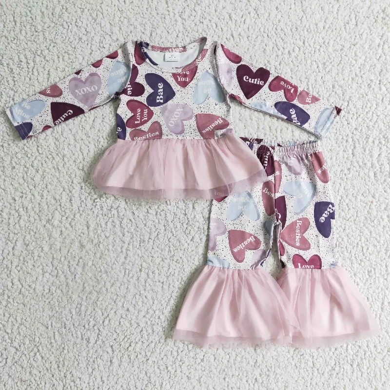 Promotion Baby Girl Long Sleeves Heart Love Tops Pants Tulle Valentine's Day Outfit Stylish Paperbag Waist Pants