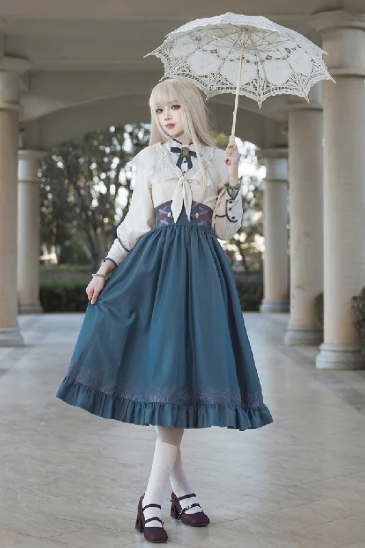 Blue Ruffle Embroidery Lace-Up Sweet College Style Elegant Lolita Skirt velvet skirt rich Blue Ruffle Embroidery Lace-Up Sweet College Style Elegant Lolita Skirt velvet skirt rich