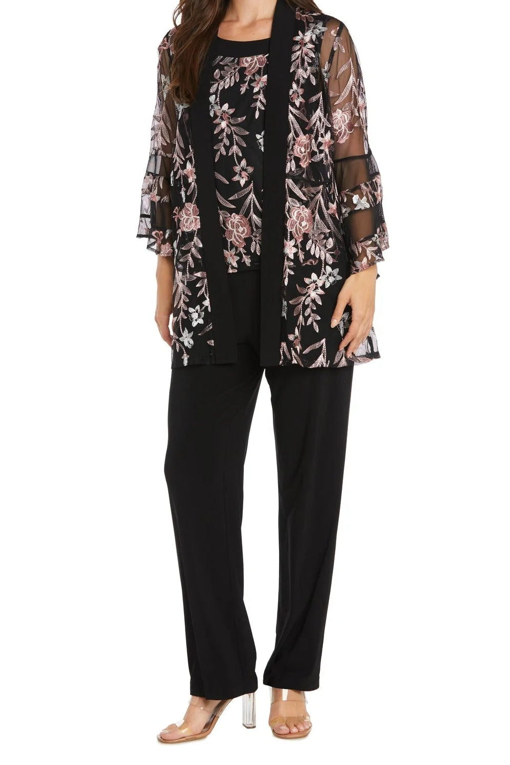 HAZEL FLUTTER SLEEVE 2 PIECE PANT SUIT - ROSE/BLACK Chic Wool Trousers