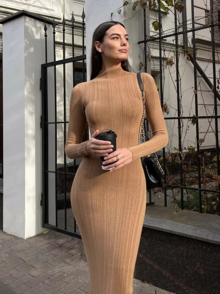 2024 Autumn Winter Women Long Dresses Knitted Long Sleeved Sweater Slim Striped Sweater Elegant Party Dress Casuales Vestidos Wool Sweater Cotton Sweater Cashmere Sweater