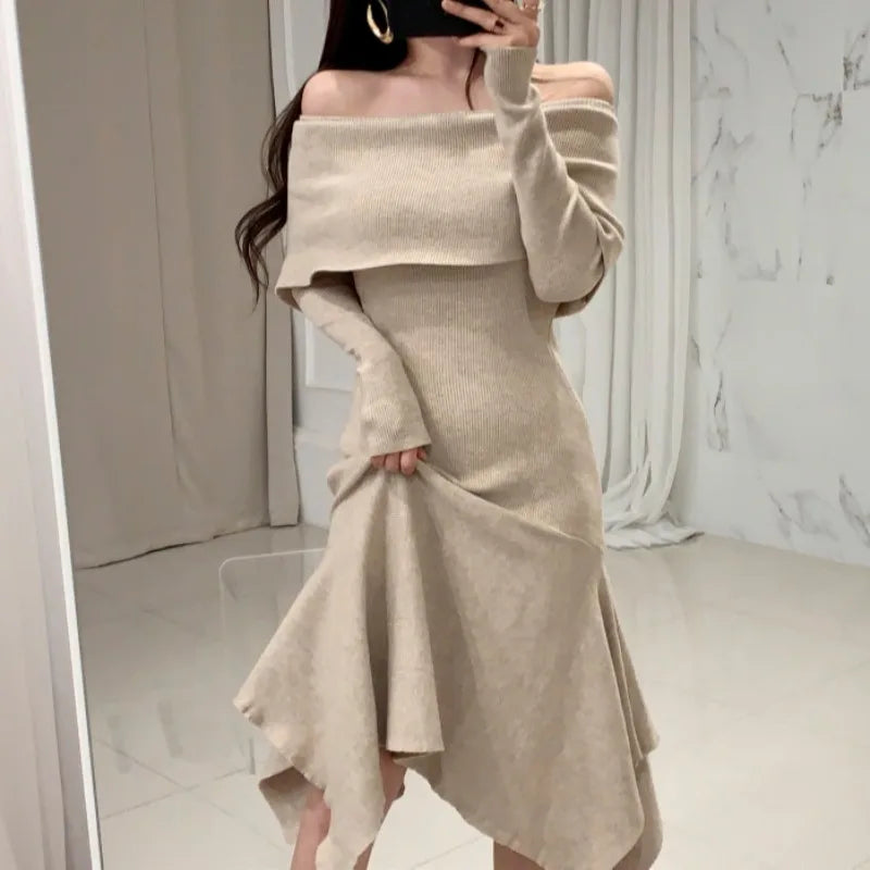 Vintage Sexy Slash Neck Long Sleeve Ruffle Hem Long Sweater Dress Women Slim Waist Irregular Elastic Knitted Dresses Winter Machine Wash Dry Clean Hand Wash Vintage Sexy Slash Neck Long Sleeve Ruffle Hem Long Sweater Dress Women Slim Waist Irregular Elastic Knitted Dresses Winter Machine Wash Dry Clean Hand Wash