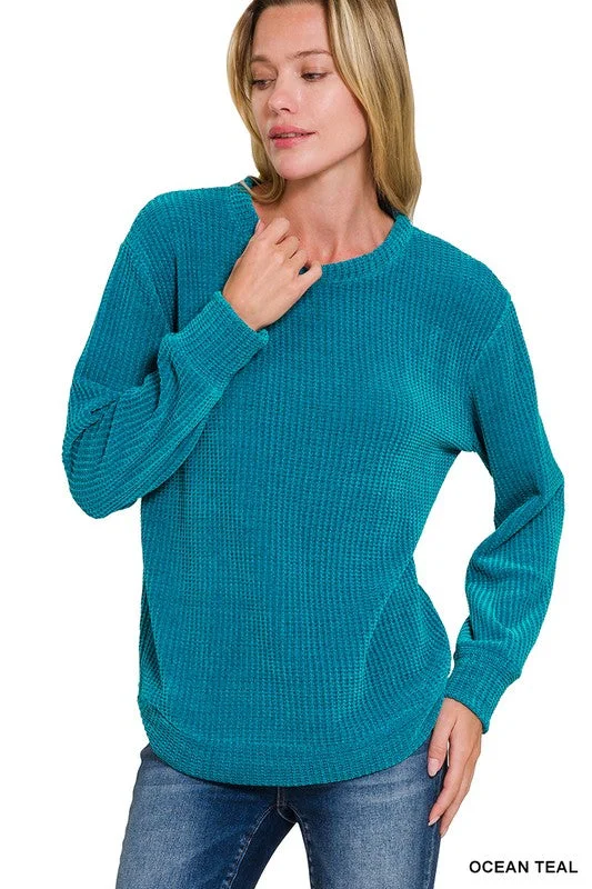 Its Over My Head Ocean Teal Chenille Waffle Sweater Fitted Slim Tailored