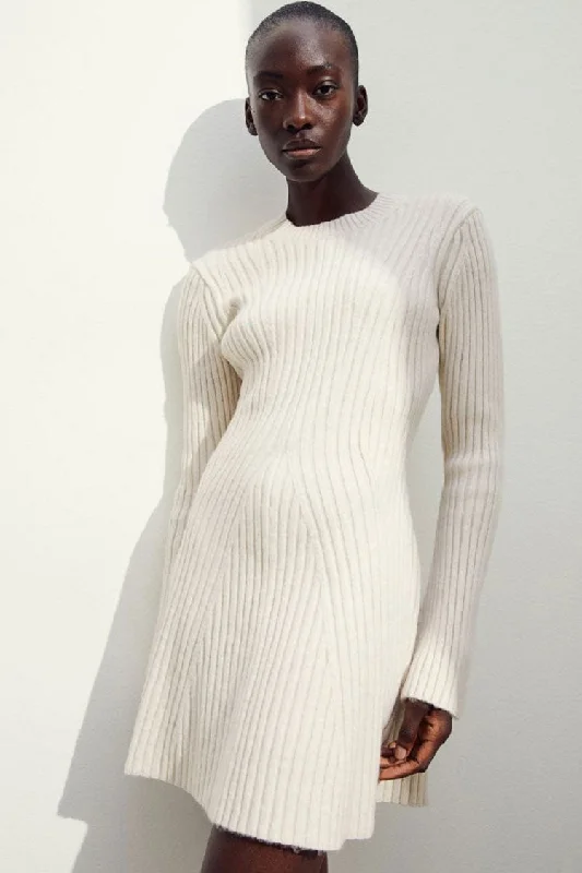 Simple Ribbed Knit Crew Neck Long Sleeve Winter Sweater Mini Dress - Off White Terry Terry Cloth Terry Knit Simple Ribbed Knit Crew Neck Long Sleeve Winter Sweater Mini Dress - Off White Terry Terry Cloth Terry Knit