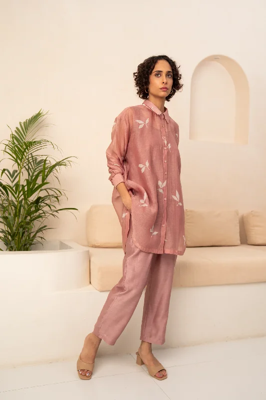 Lavender Leaf Print Kaftan & Solid Pants Classic Straight-Leg Pants