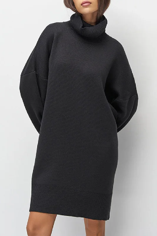 Casual Turtleneck Long Sleeve Shift Winter Oversized Sweater Mini Dress - Black Real Fur Shearling Chenille Casual Turtleneck Long Sleeve Shift Winter Oversized Sweater Mini Dress - Black Real Fur Shearling Chenille