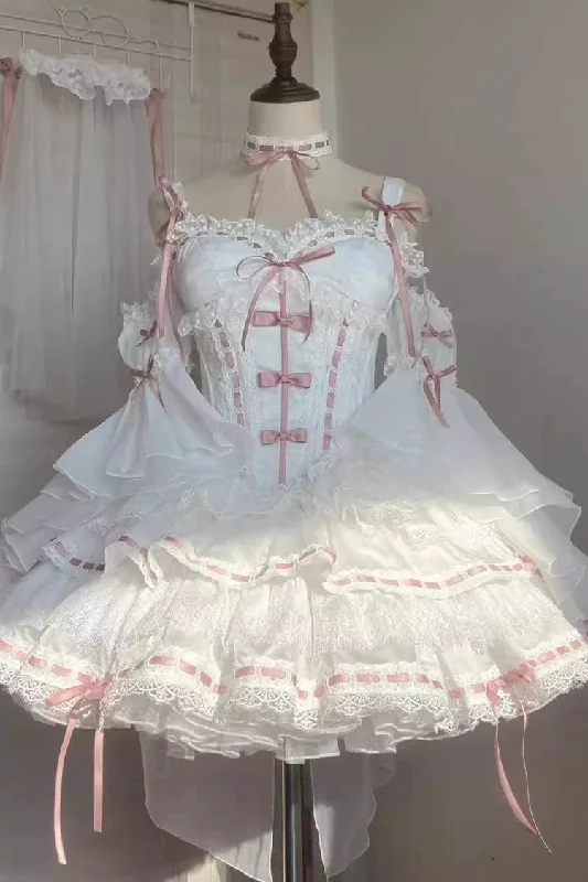 White [Little Love Song] Detachable Trumpet Sleeves Ruffle Bowknot Lace Sweet Lolita Top Skirt Set cashmere skirt fine