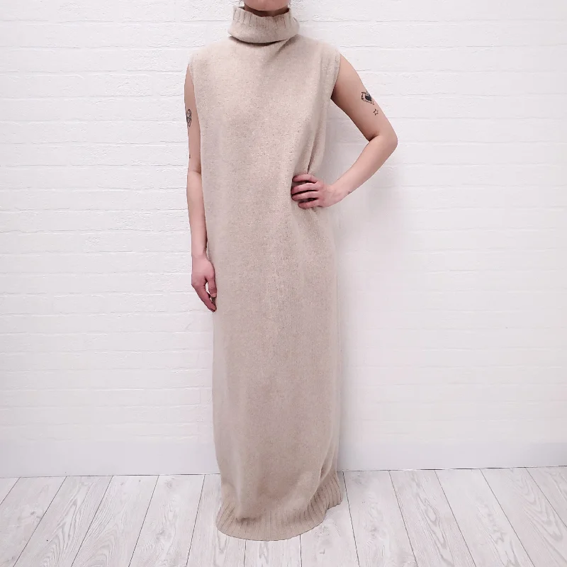 LEMAIRE KHAKI 'TUBE' SWEATER DRESS - SIZE S Turtle Neck Boat Neck Asymmetrical Neck