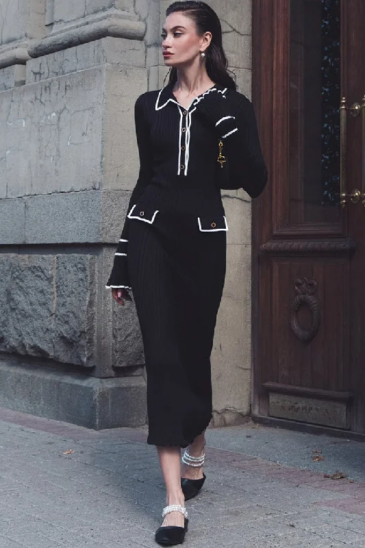 Preppy Chic Contrast Collar Button Up Long Sleeve Ribbed Knit Sweater Midi Dress - Black Turtle Neck Boat Neck Asymmetrical Neck
