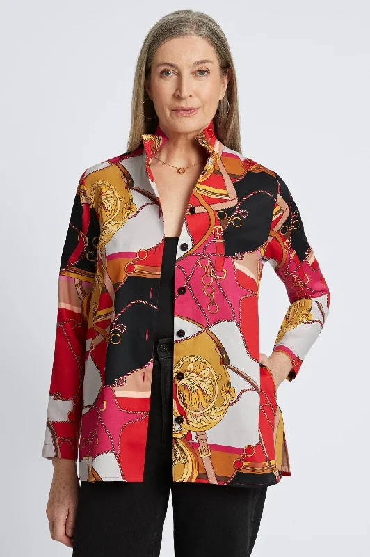 Carolina Buckle Scarf Print Long Sleeve Shirt Jacket Zip Front Button Front Snap Front