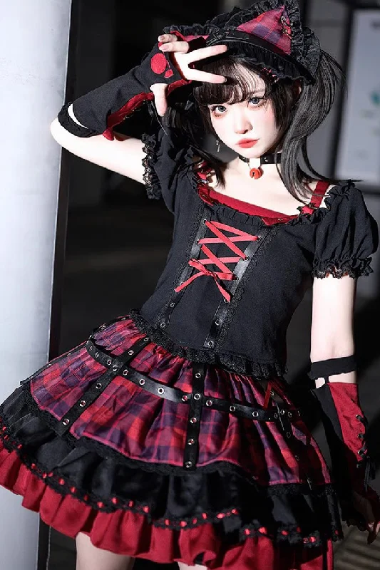 Black/Red Print Ruffle Lace-Up Gothic Japanese Princess Lolita Skirt Set lightweight skirt design Black/Red Print Ruffle Lace-Up Gothic Japanese Princess Lolita Skirt Set lightweight skirt design