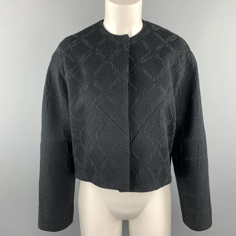 BALENCIAGA Size 4 Black Jacquard Cropped Collarless Jacket Tailored Jacket Straight Jacket A-Line Jacket BALENCIAGA Size 4 Black Jacquard Cropped Collarless Jacket Tailored Jacket Straight Jacket A-Line Jacket