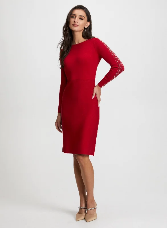Embellished Sleeve Sweater Dress Stretchy Elastic Breathable