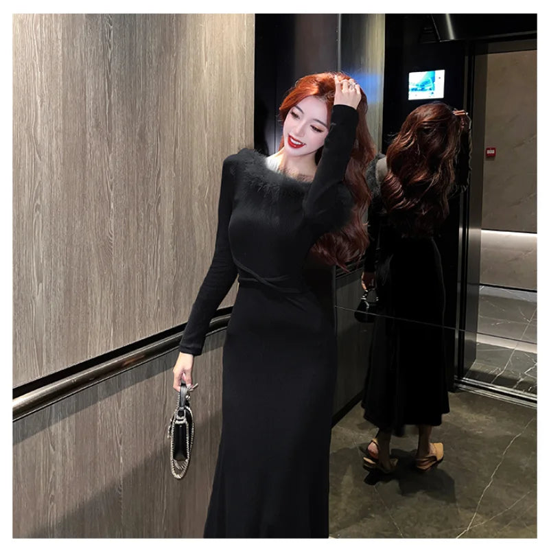 Korean Sexy Patchwork Long Sleeve Knitted Midi Dresses for Women Autumn New Elegant Party Bandage Sweater Female Clothing Silk Blend Satin Velvet Korean Sexy Patchwork Long Sleeve Knitted Midi Dresses for Women Autumn New Elegant Party Bandage Sweater Female Clothing Silk Blend Satin Velvet