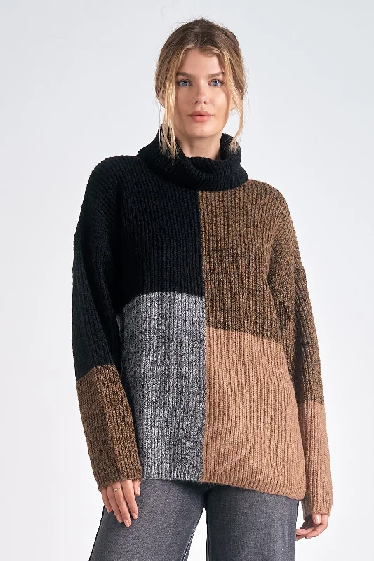 COLOR BLOCK TURTLE NECK SWEATER - BLACK/BROWN Fitted Slim Tailored