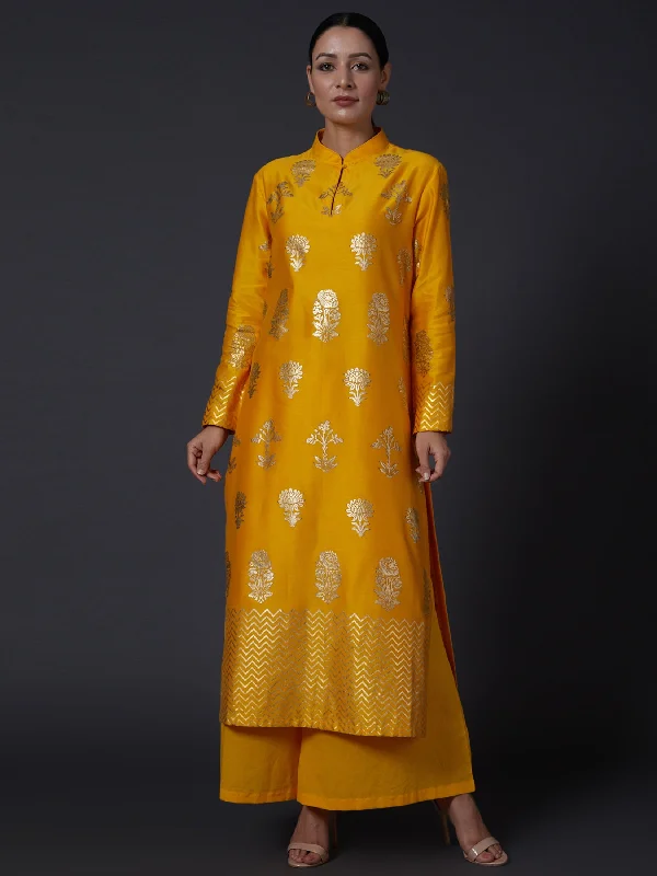 Yellow Block Printed Kurta With Pants Fashionable Jogger Pants