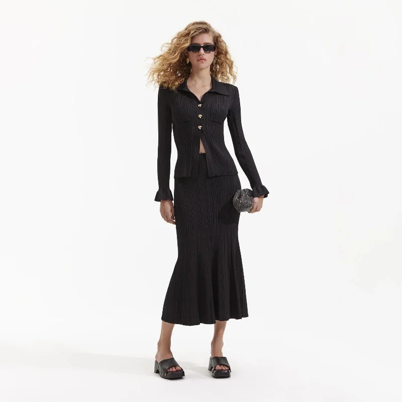 BLACK RIBBED MIDI SKIRT Set zip skirt side