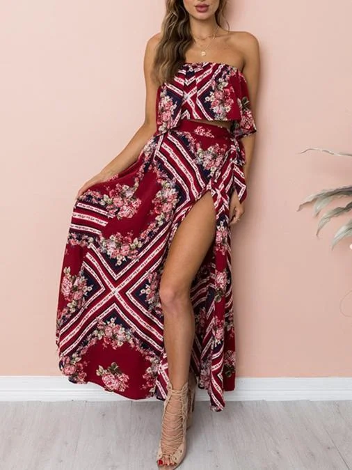 Printed Off Shoulder Tops High Waist Side Split Maxi Skirt Two Pieces Set button skirt front