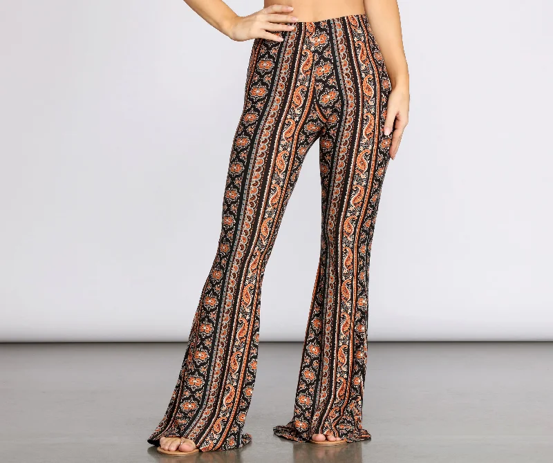 Boho Babe Paisley Striped Flared Pants Slim-Fit Leggings