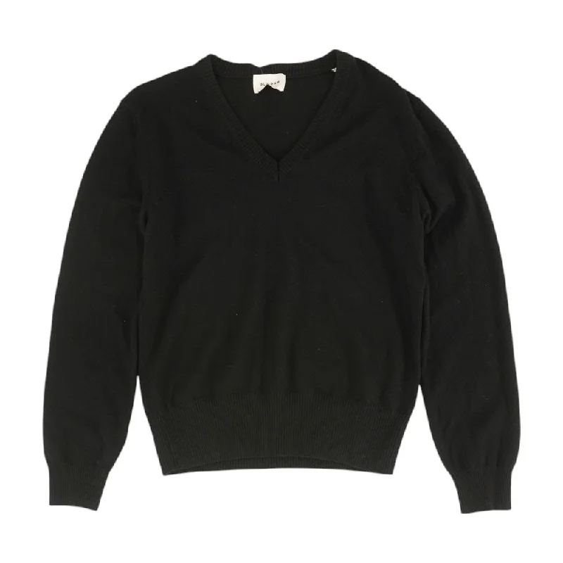 Black Solid V-Neck Sweater Real Fur Shearling Chenille