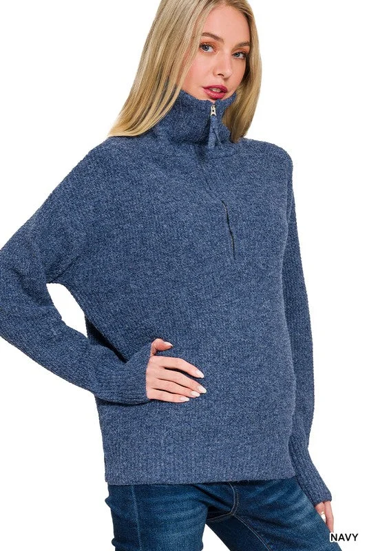 Zip It Up High Collar Navy Sweater Bright Pastel Dark