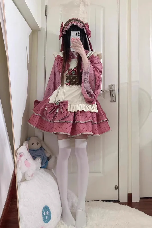 Pink Multi-layer Strawberry Polka Dot Print Bowknot Princess Sweet Lolita Skirt Set wool skirt breathable Pink Multi-layer Strawberry Polka Dot Print Bowknot Princess Sweet Lolita Skirt Set wool skirt breathable