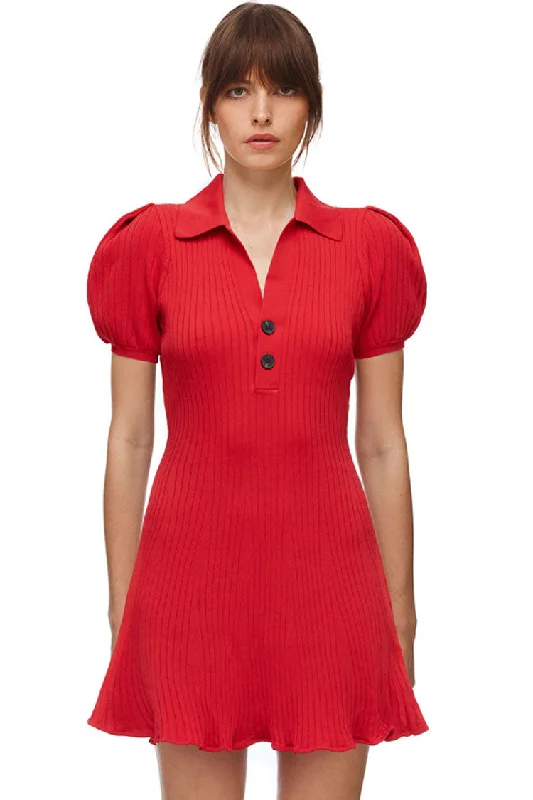 Trendy Puff Sleeve Ribbed Winter Polo Sweater Mini Dress - Red Welt Pockets Slit Pockets Flap Pockets Trendy Puff Sleeve Ribbed Winter Polo Sweater Mini Dress - Red Welt Pockets Slit Pockets Flap Pockets
