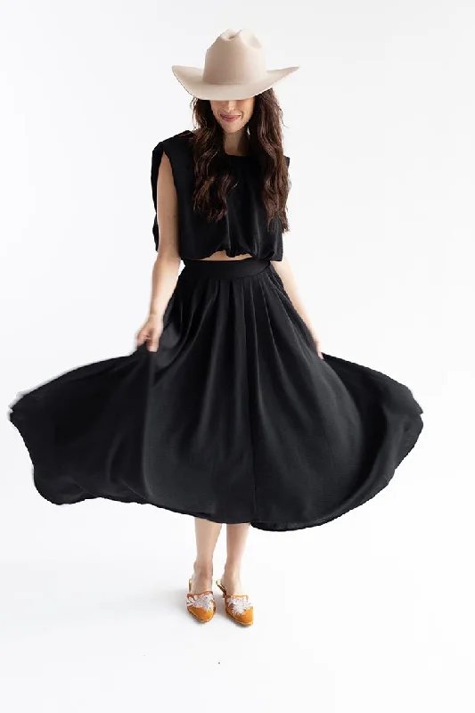 Black Pleated Midi Skirt silk skirt smooth