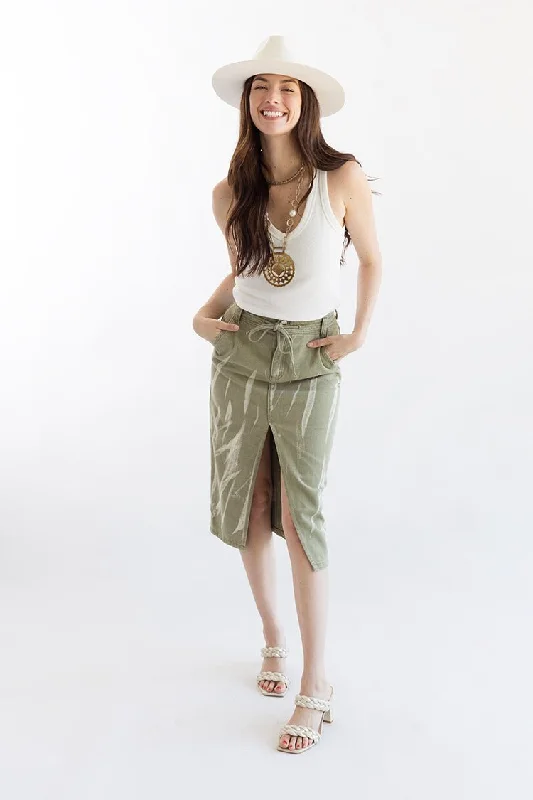 Olive Denim Midi Skirt with Distressing denim skirt classic