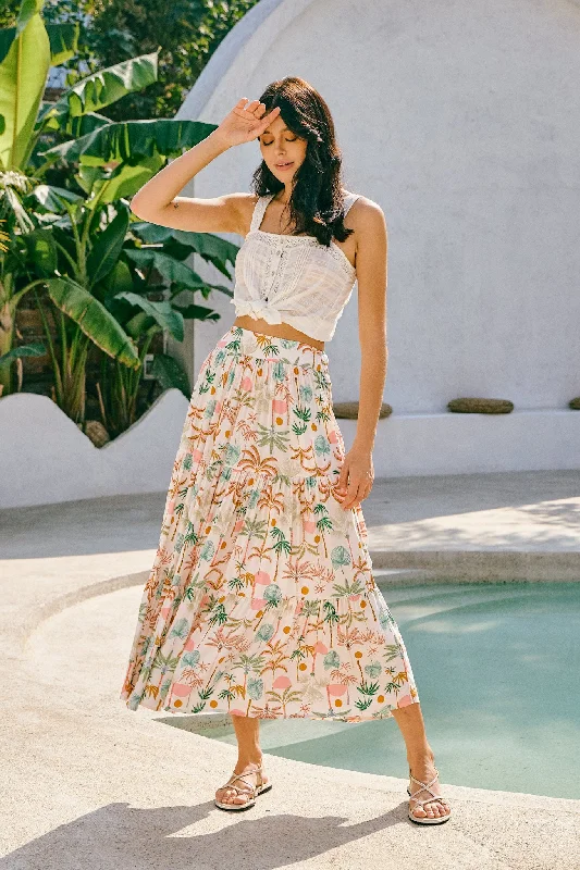 Paloma Brown Green Tropical Tiered Maxi Skirt silk skirt elegant