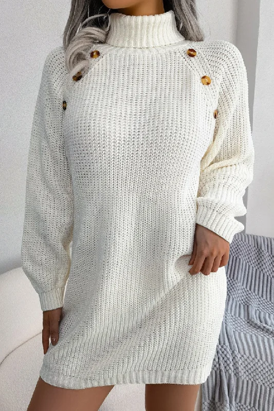 Cozy Winter Button Trim Ribbed Turtleneck Sweater Mini Dress - White Ribbed Striped Patterned Cozy Winter Button Trim Ribbed Turtleneck Sweater Mini Dress - White Ribbed Striped Patterned
