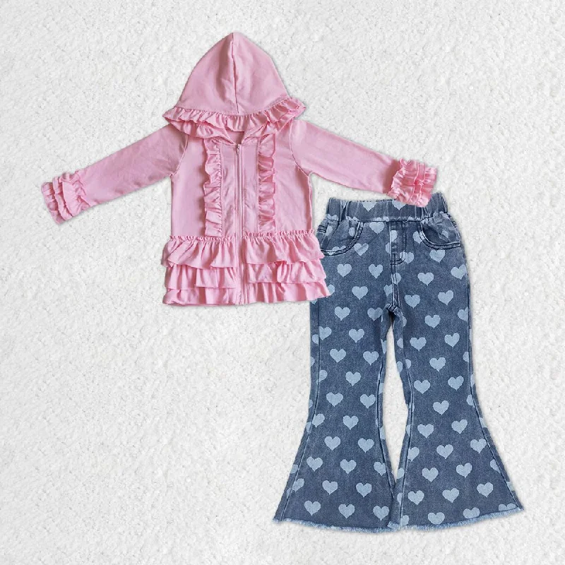 GLP1145 Baby Girl Pink Hoodie Cardigan Hearts Denim Pants Set Relaxed Fit Trousers