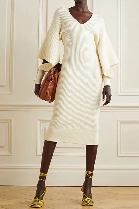 Oversized Cutout Buttoned Long Sleeve V Neck Rib Knit Sweater Mini Dress - Beige Chenille Brocade Lace Oversized Cutout Buttoned Long Sleeve V Neck Rib Knit Sweater Mini Dress - Beige Chenille Brocade Lace