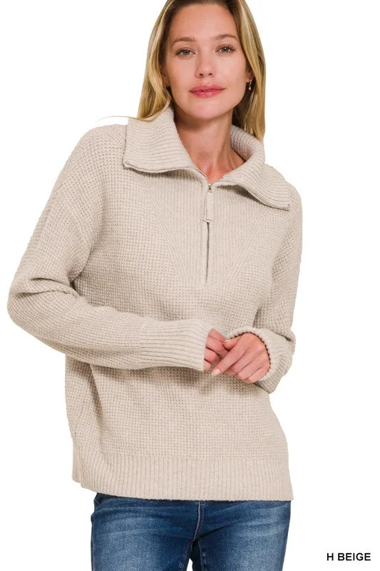Zip It Up High Collar Heather Beige Sweater Solid Print Embellished
