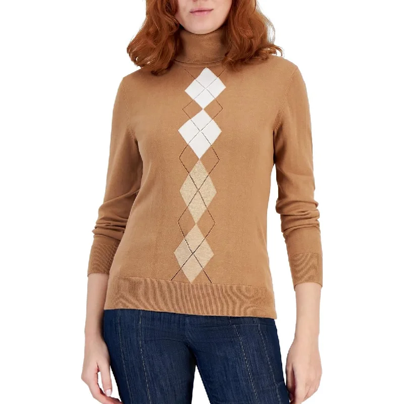 Tommy Hilfiger Womens Argyle Cotton Turtleneck Sweater Embroidered Appliqued Beaded