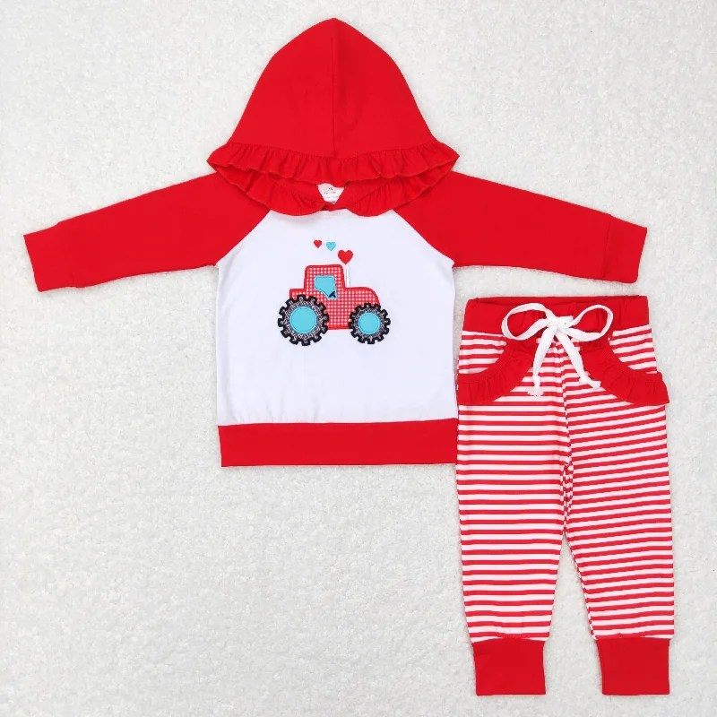 GLP0913 Baby Girl Valentine's Day Long Sleeves Embroidery Tractor Hoodie Tops Red Stripes Pocket Pants Set Modern Bootcut Pants GLP0913 Baby Girl Valentine's Day Long Sleeves Embroidery Tractor Hoodie Tops Red Stripes Pocket Pants Set Modern Bootcut Pants