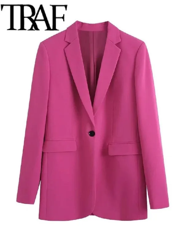 TRAF Woman 2023 Casual Blazer Office Lady Single Button Long Sleeve Jacket Tall Pants Pink Coat Femme Chic Slim Fit Pants