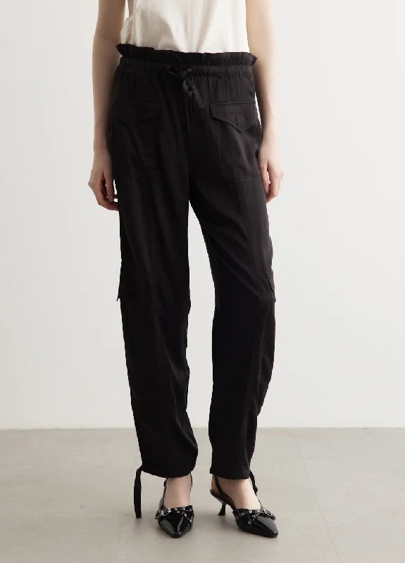 Washed Satin Pocket Pants Stylish Paperbag Waist Pants