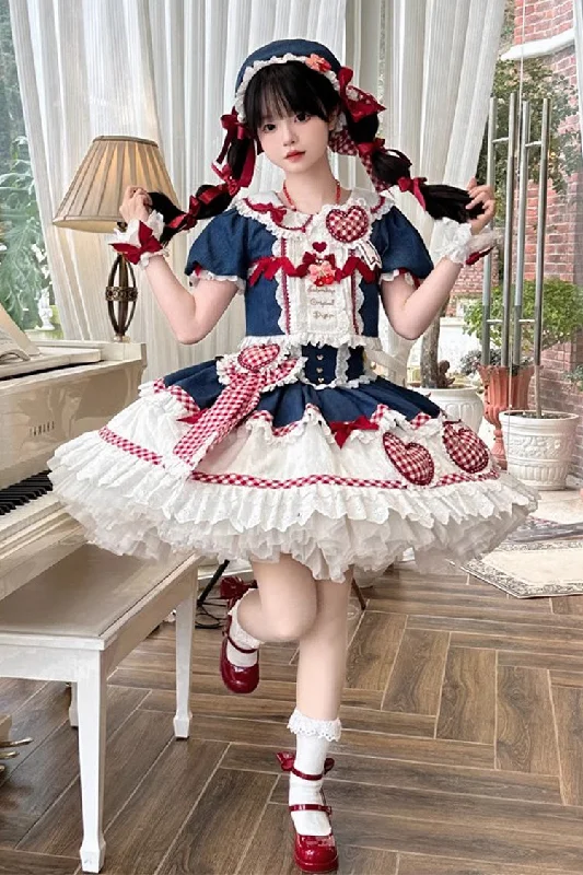 White/Blue/Red [Peach Heart Lilith] Ruffle Bowknot Lace Lace-Up Sweet Lolita Skirt Set summer skirt style