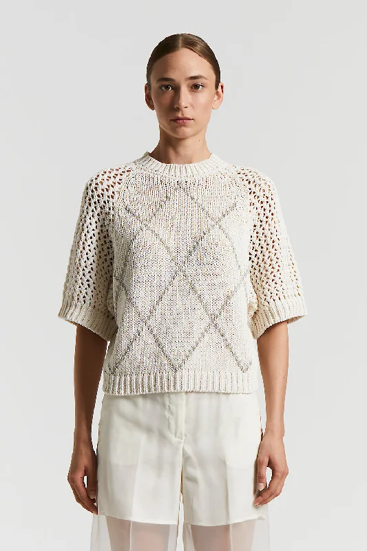 Cotton ribbon sweater with Punto Luce Mesh Blend Leather Blend Suede Blend
