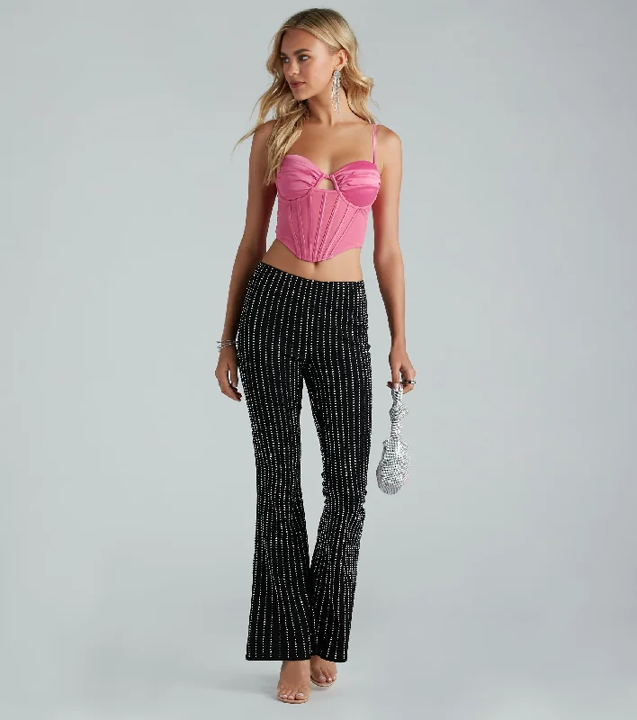 Flare For Glam Mid Rise Rhinestone Pants Comfortable Fleece Pants
