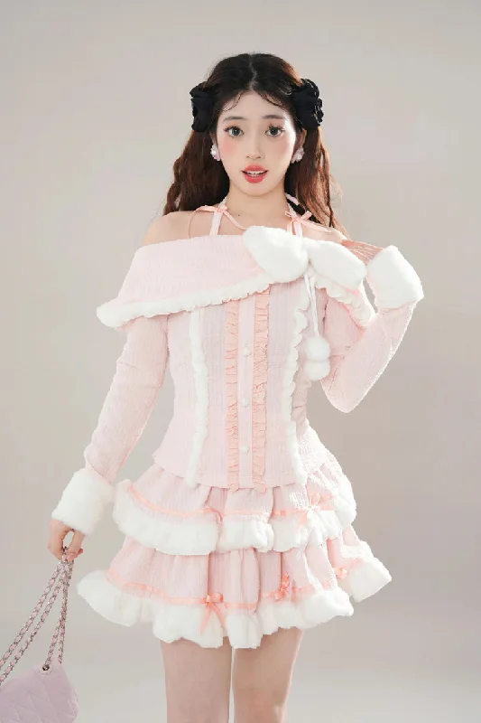 Pink Long Sleeves Ruffle Bowknot Lace Sweet Princess Lolita Tiered Top Skirt Set leather skirt sleek