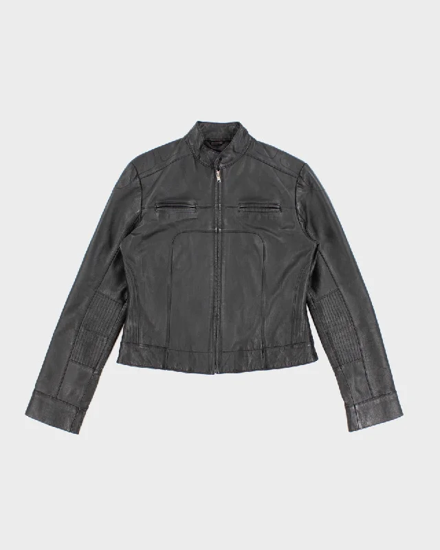 Womens Black Leather Biker Jacket - M Zip Front Button Front Snap Front