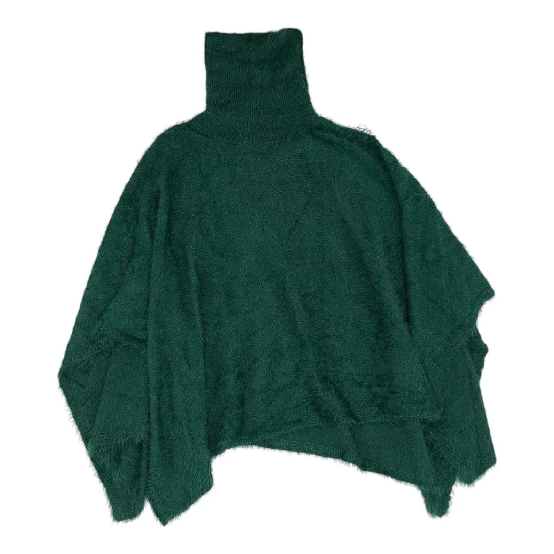 Green Solid Poncho Sweater Hooded Caped Shawl Collar
