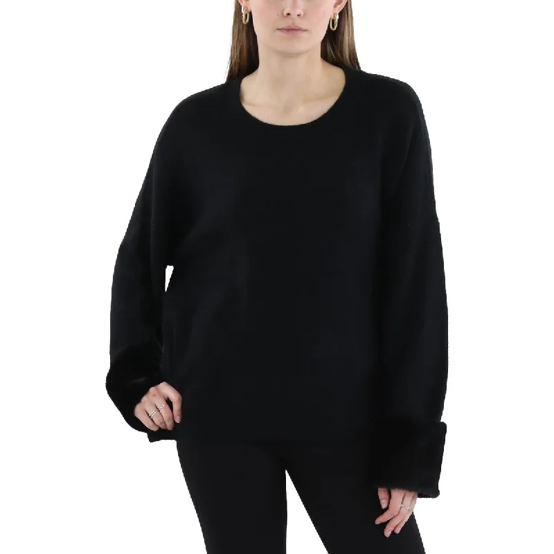 CeCe Womens Pleated Faux Fur Cuffs Crewneck Sweater Fleece Sweater Nylon Polyester