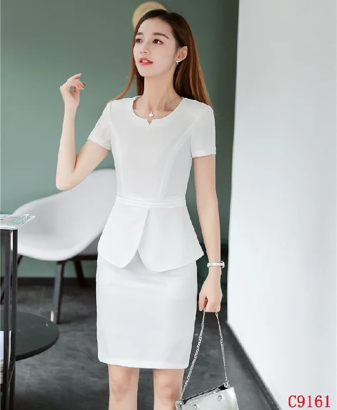 Summer Casual White Blazer Women Business Suits with Skirt and Top Sets Short Sleeve Jacket Female Clothes Toggled Jacket Drawstring Jacket Belted Jacket